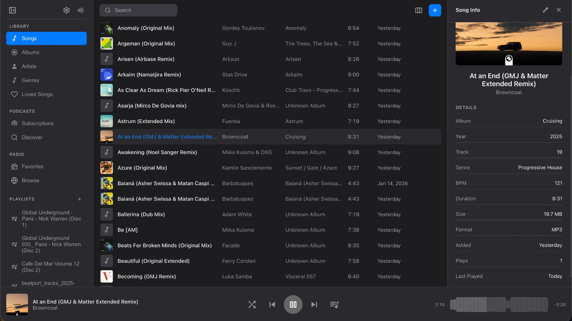 Now Playing modal with album art and waveform scrubber