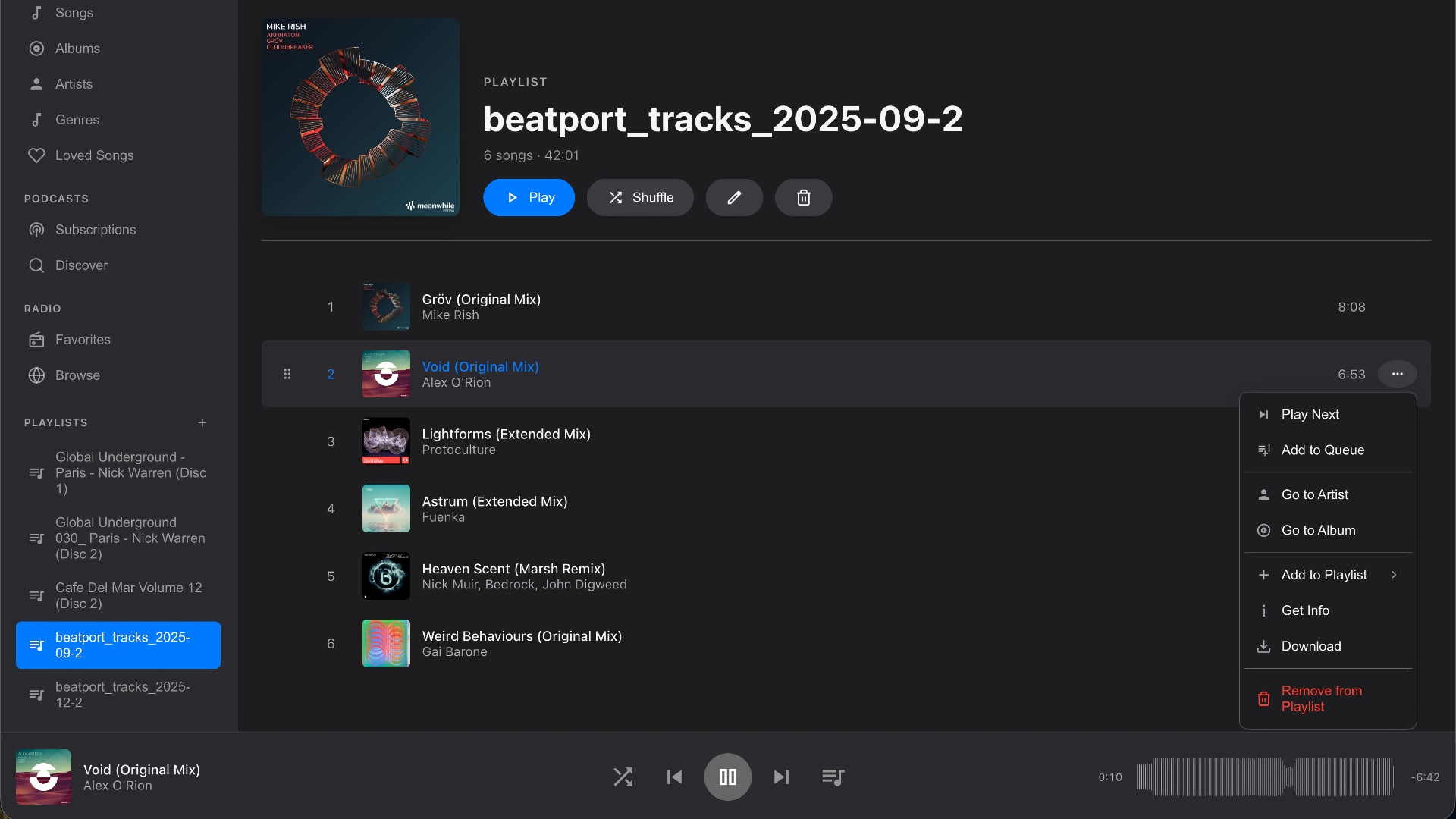 Playlist with context menu