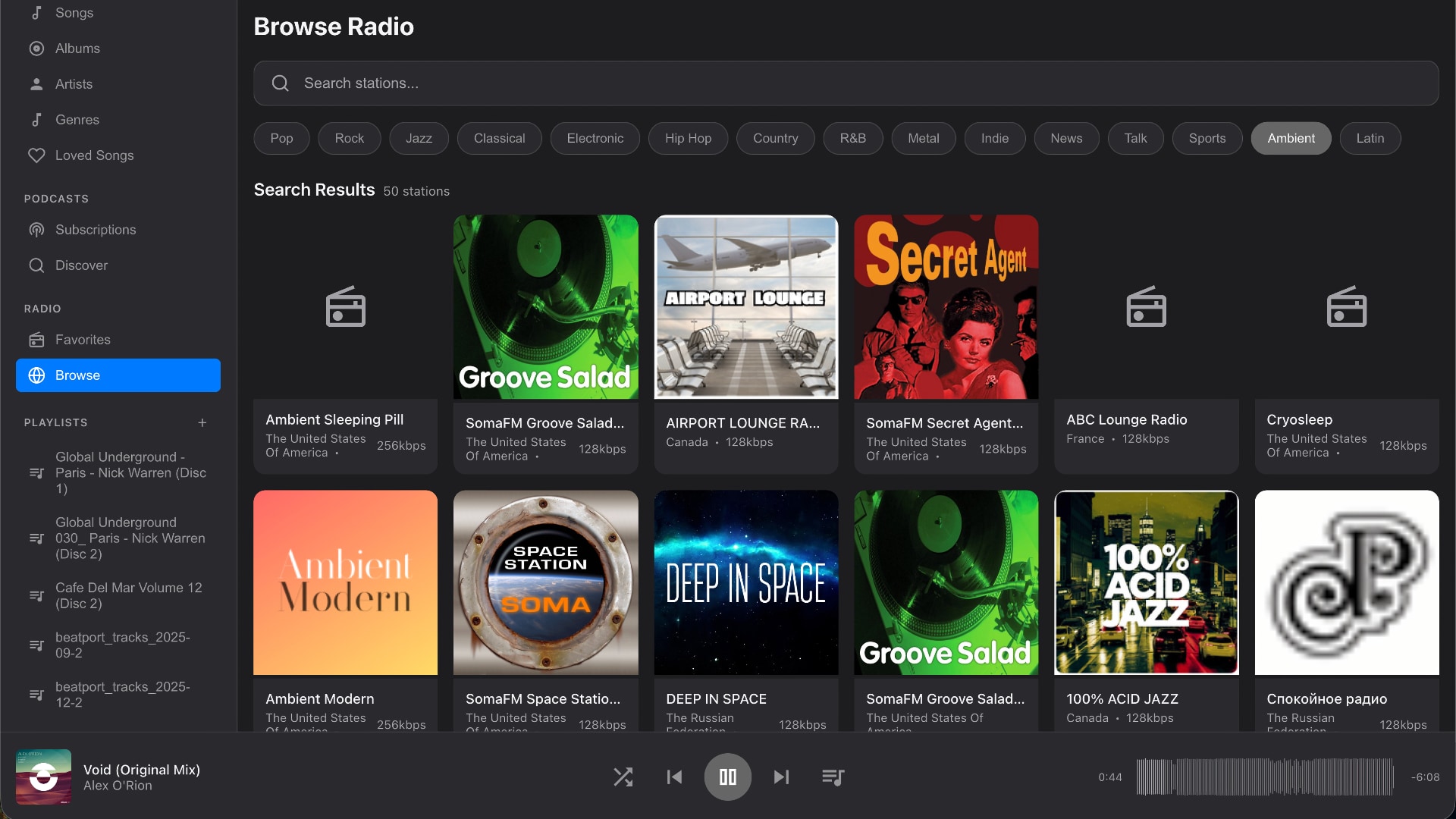 Browse Radio screen with category chips and station tiles